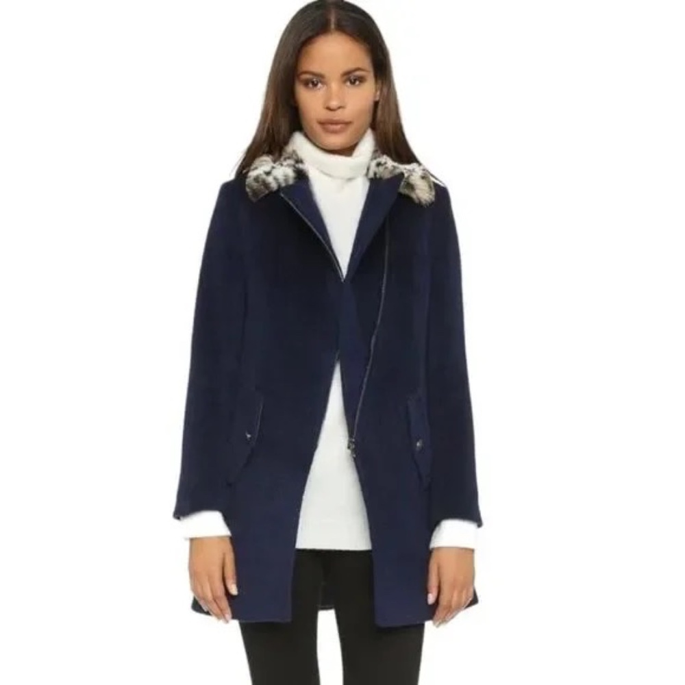 Rebecca Taylor asymmetric zipper car coat with faux fur collar. Size 6 - Picture 1 of 11